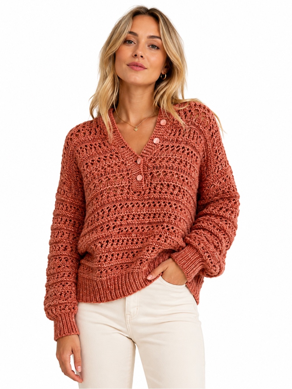 Handmade Cozy Pink Knit Sweater With Balloon Sleeves & Hood - PTP 25